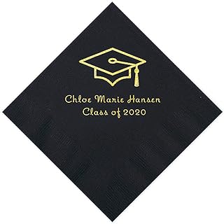 Black Grad Mortarboard Personalized Napkins with Gold Foil â€“ Beverage - Party Supplies - 50 Pieces