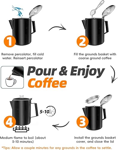 Miniatura 4 de MEREZA Cafetera de acero inoxidable para 9 tazas de café para acampar al aire libre, sin aluminio o plástico, color negro