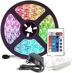 Fita de Led RGB 5050 Rolo 5 Metros Com Controle Remoto e Fonte Bivolt 16 cores A Prova Dagua Mangueira de Led Perfil de Led Embutir Para Decoração PREMIUM MR UTILITY