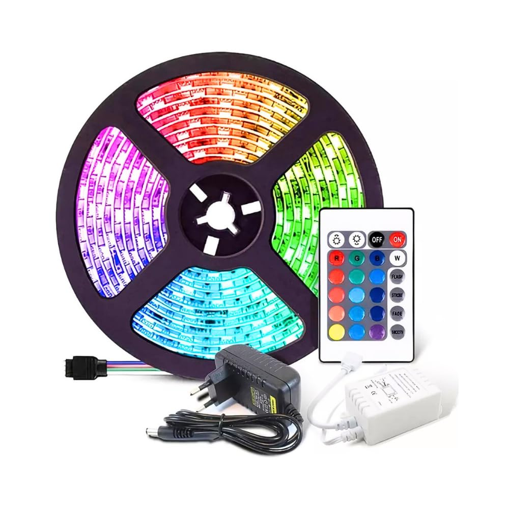 Fita de Led RGB 5050 Rolo 5 Metros Com Controle Remoto e Fonte Bivolt 16 cores A Prova