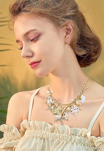 Miniatura 2 de Halawly Gargantilla de concha de cola de sirena, collar de moda con diseño de concha de mar y estrella de mar de perlas de imitación, collar grueso