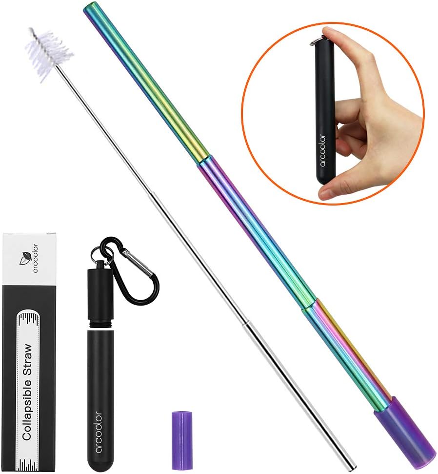 Telescopic Reusable Stainless Steel Straws, Portable Folding Drinking Straw with Travel Metal Case& Cleaning Brush (Black)