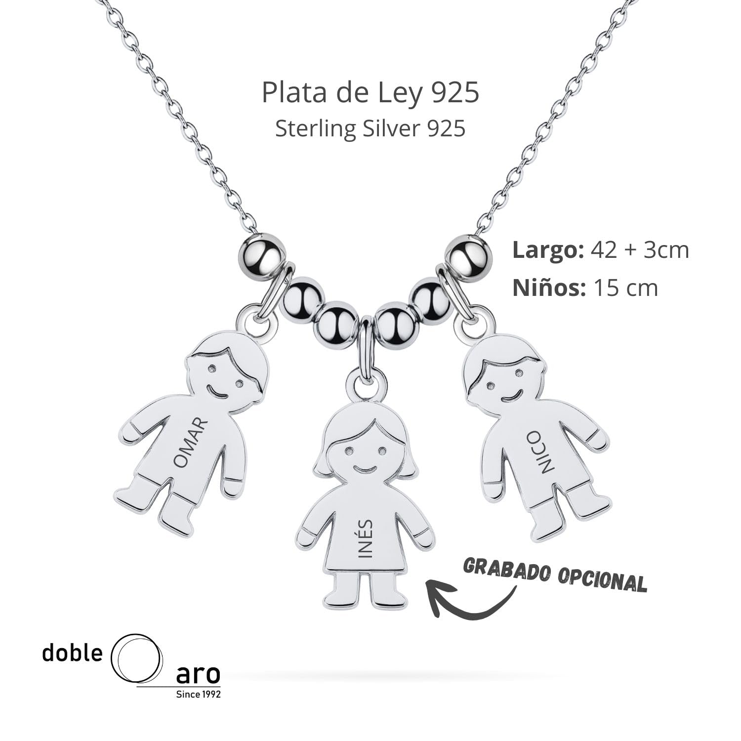 Collar con Colgante de Niños o Niñas Personalizable en Plata de Ley 925 o Bañado en Oro – Regalo Ideal para Mamás o Abuelas – 45cm + Alargador