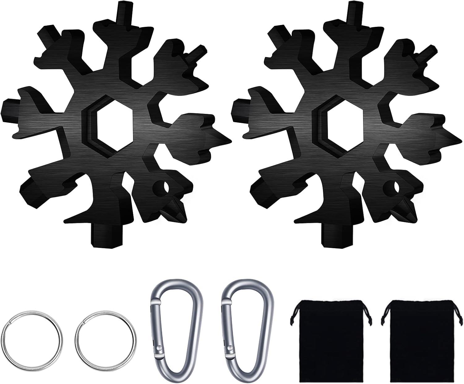 FZENeast 18-in-1 Snowflake Multitool, 2 Pcs Stainless Steel Standard Multi-Tool With Key Ring, Carabiner Clip and Storage Bag (Black) FZENeast 18-in-1 Snowflake Multitool, 2 Pcs Stainless Steel Standard Multi-Tool With Key Ring, Carabiner Clip and Storage Bag (Black)