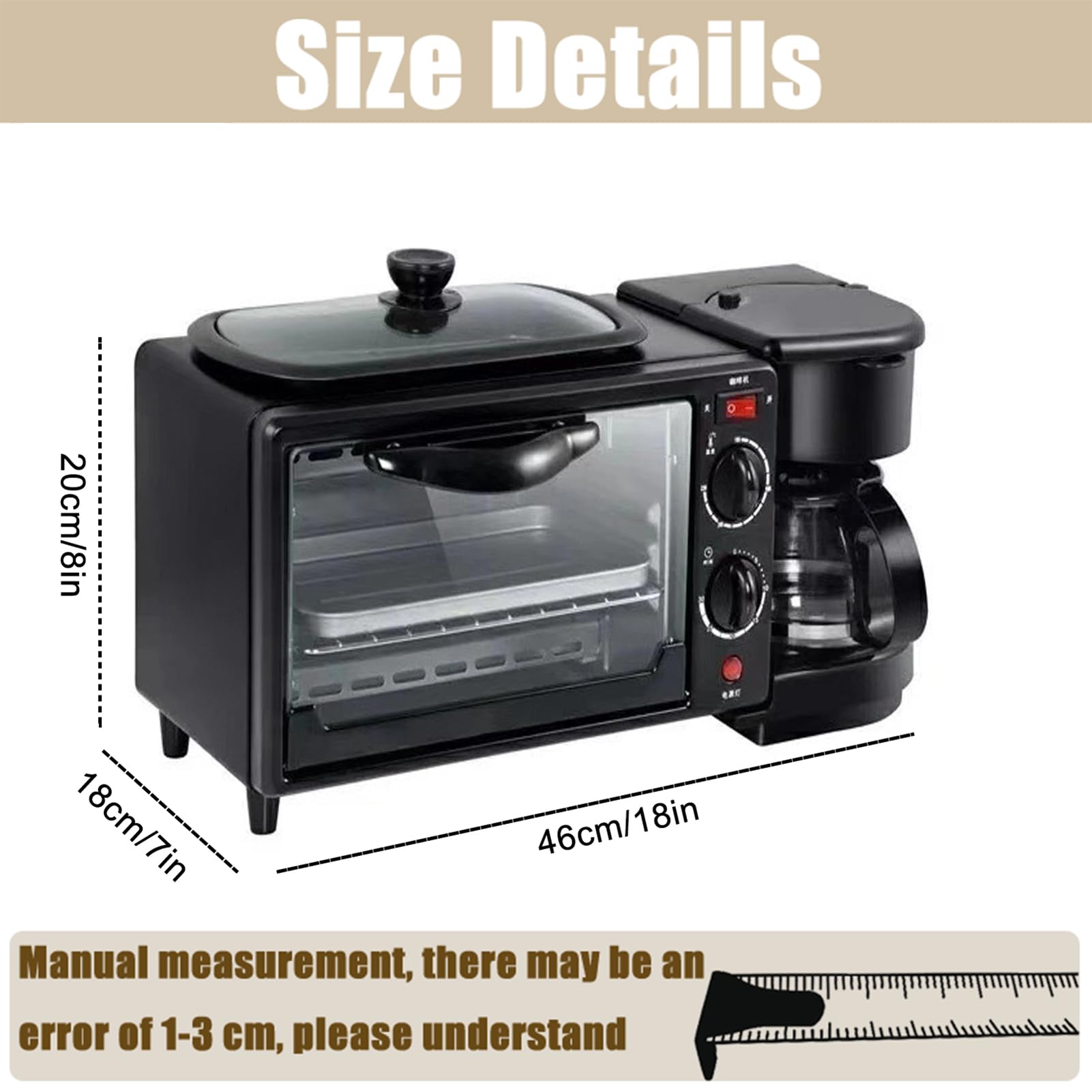 Station de petit-déjeuner, appareil de petit-déjeuner multifonction 1100W avec machine à café et plaque de cuisson, four grille-pain antiadhésif pour œufs, bacon et crêpes, appareil de cuisine