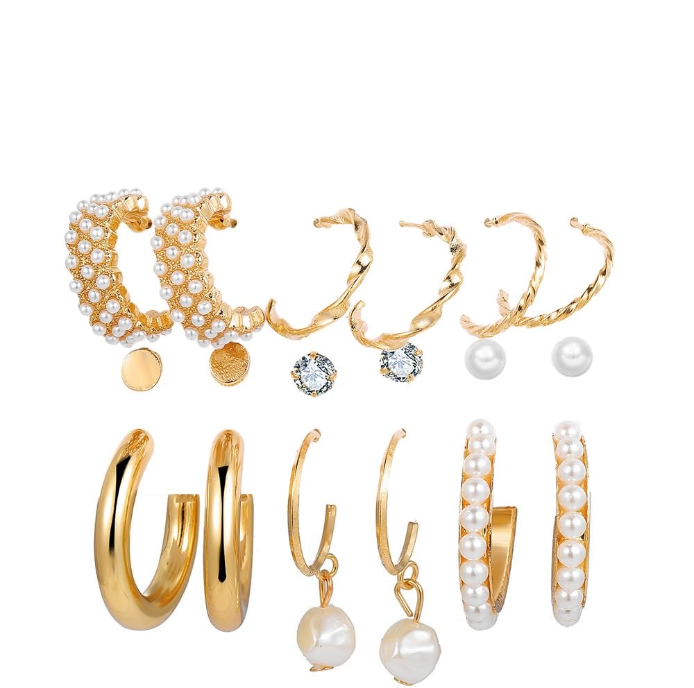 Combo of 9 Pair Gold Plated Stone Stud And Pearl Hoop Earrings (B0CRQD5QFF) Amazon Price History, Amazon Price Tracker