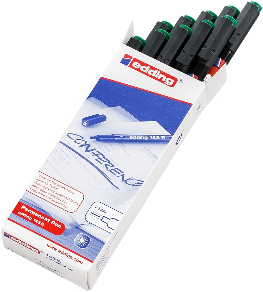 edding 143 B permanent pen, green, 10 pens, chisel nib 1-3 mm, pen for writing on glass plastic, foils and smooth surfaces - Image 2
