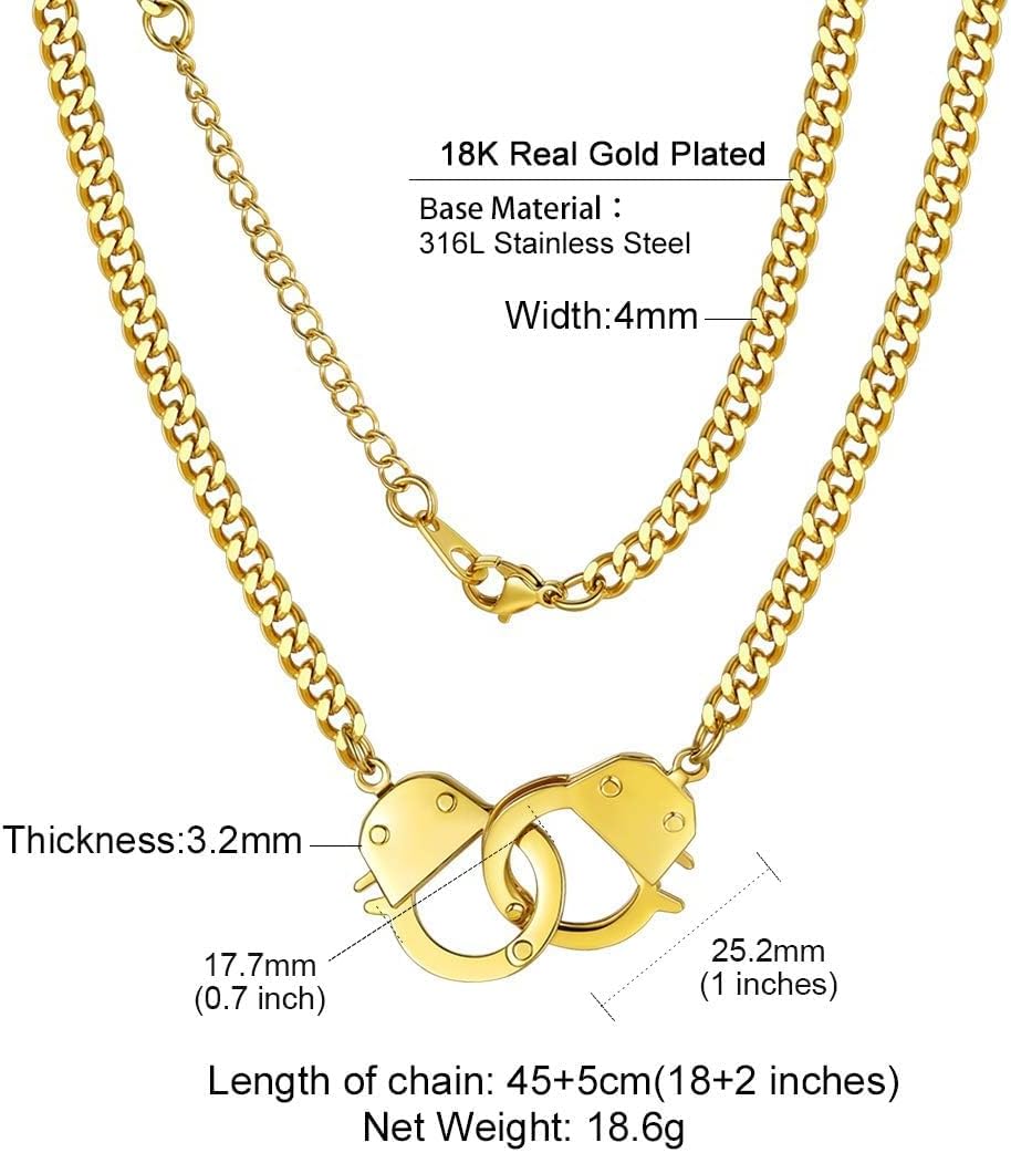 ChainsHouse Handcuff Necklace Mens Stainless Steel Padlock Pendant, 18K Gold Plated/Black Cuban Chain Interlocking 18inch Mens Biker Punk Rocker Statement Jewelry for Women