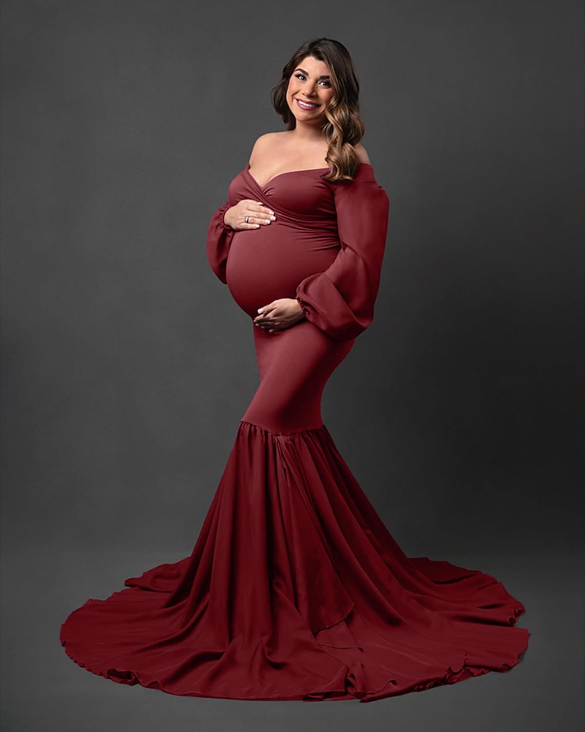 Saslax Long Chiffon Sleeve Tired Mermaid Maternity Dress for Photoshoot Photography Baby Shower - Image 2