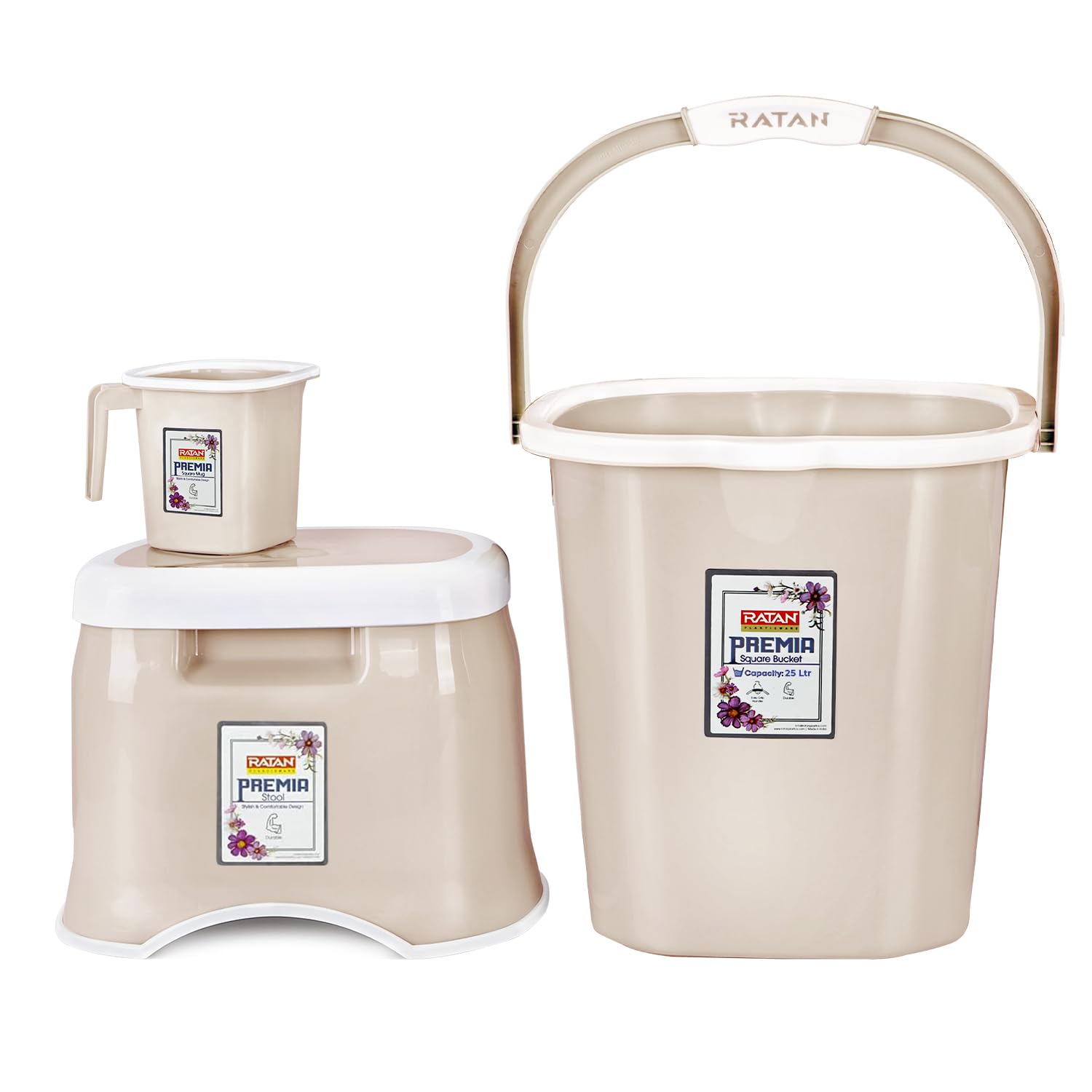 RATAN PLASTICWARE Premia Bathroom Set (Bucket 25L X 1) + (Mug 1.5L X 1) + (Small Stool X 1) - Desert Rose|Light Weight and Easy to Carry|Perfect for Use in Bathrooms, Kitchen & Wet Utility Areas-image-22
