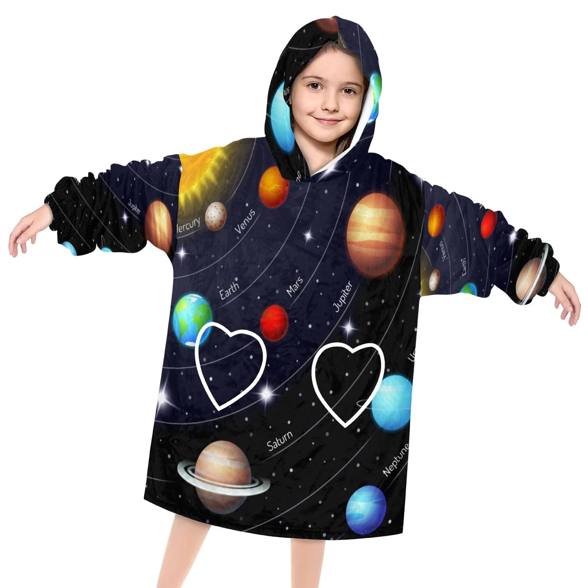 Pardick Wearable Blanket Hoodie for Kids, Space Planet Fleece Sweatshirt Blanket Oversized Blanket Sweatshirt with Pocket Flannel Warm Hooded Blanket 6-10 Year Old Girl Boy Gift, One Size