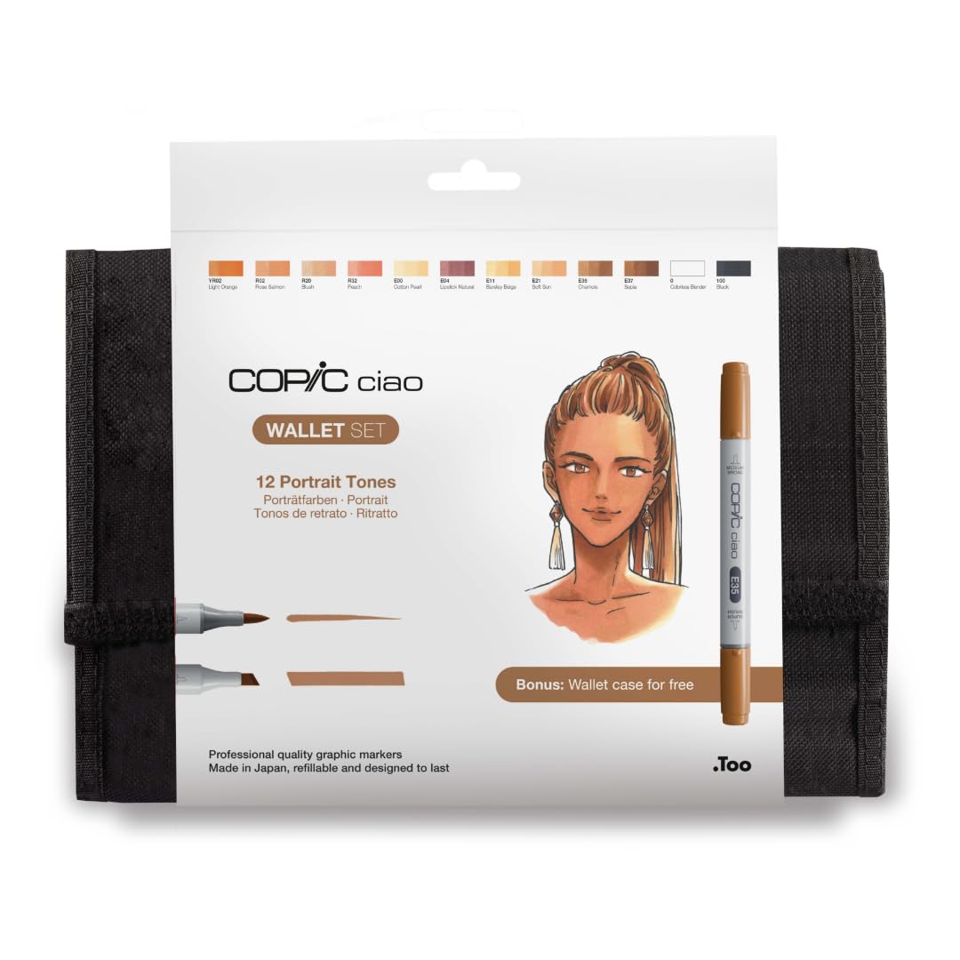 COPIC Ciao Set « Couleurs Portrait », Set de 12 pièces dans un Wallet, Twin Marker avec une pointe moyenne et une pointe Brush