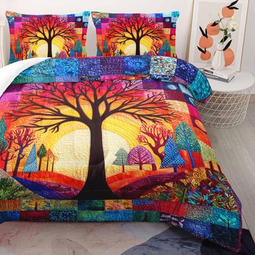 Image of AILONEN Tree of Life Comforter Set,3-Piece Patchwork Abstract Art Landscape Boho Twin Bedding Set,Lightweight Micorifber Duvet with 2 Pillowcases