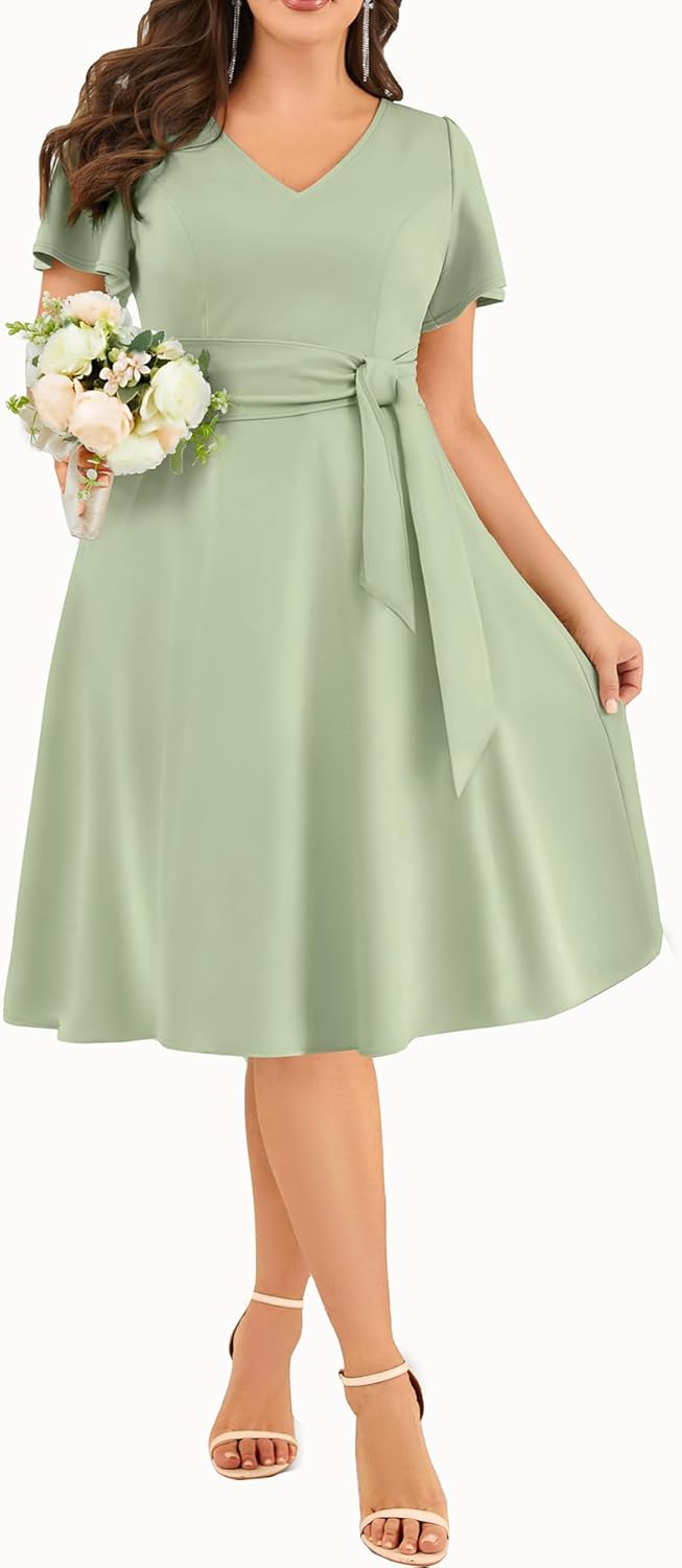 Plus Size Wedding Guest Dress - Cocktail Formal Fall Short Sleeve V Neck A-Line Midi Dresses for Women 2025