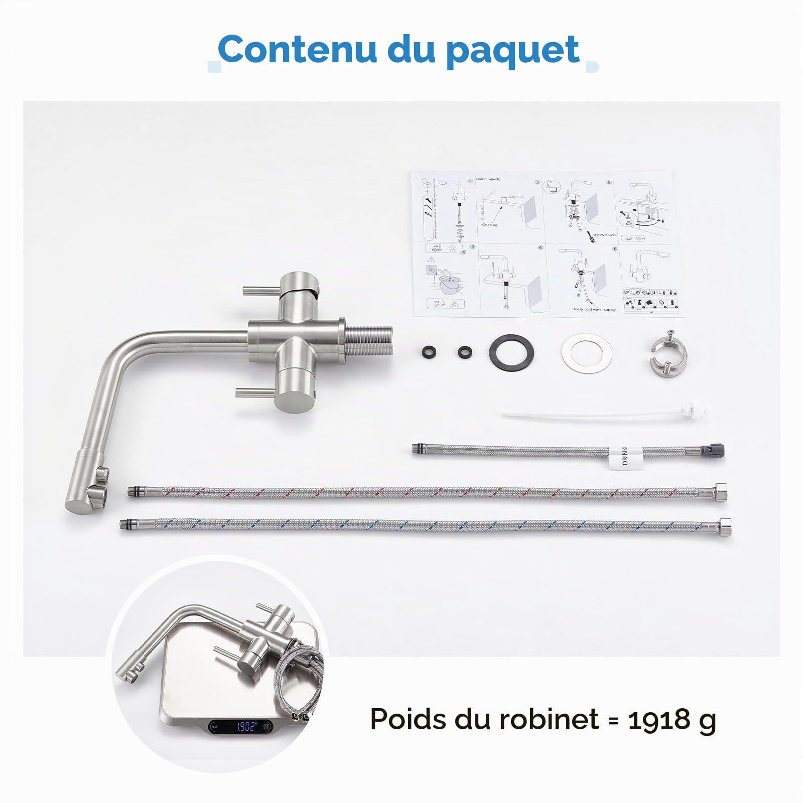 Robinet 3 Voies d'évier Cuisine Double Levier Mitigeur avec Eau Potable pour Systèmes Filtre d'Osmose, brossé
