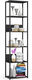 AKORD Bücherregal mit 6 Ablagen 50cm breit | Industrial/Loft-Style | Offen | Skelettbauweise | Standregal | Holz/Metall | Für Küche, Schlafzimmer, Büro | Regal mit Metallrahmen | Schwarz