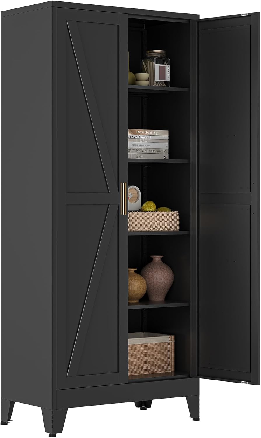 71" Kitchen Pantry Cabinet, Metal Storage Cabinet with 2 Doors and 4 Adjustable Shelves, Farmhouse Tall Metal Pantries Cabinets Storage for Kitchen, Home Office