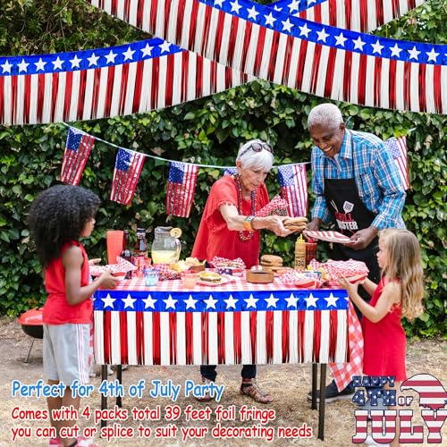 Image of 4 Pack 39Ft 4th of July Parade Floats for Trailer Car, Flag Stripes and Stars Foil Fringe Garland Tinsel Streamers Banner Table Skirts for 4th of July Graduation Homecoming Birthday Party (Star)