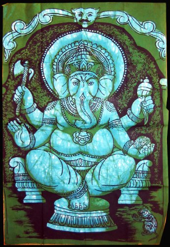 Batik Wall Hanging - Ganesha with Parashu Small - Green - 82cm x 56cm