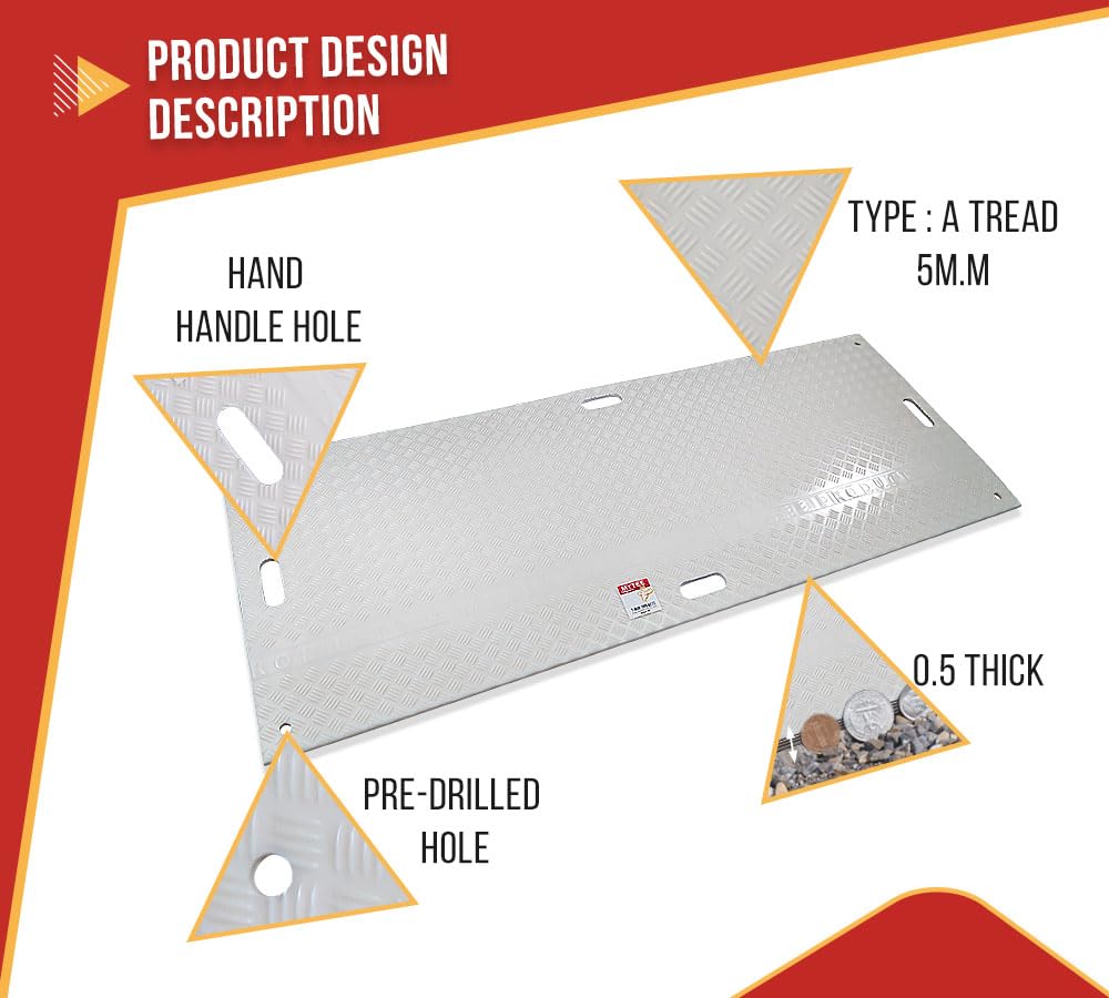 Mytee Products 4' x 8' White Ground Protection Mats with Diamond Plated Tread Design - High Density Polyethylene Mat, Easily Supports 60 Ton Loads on Lawns, Dirt, and Any Other Areas