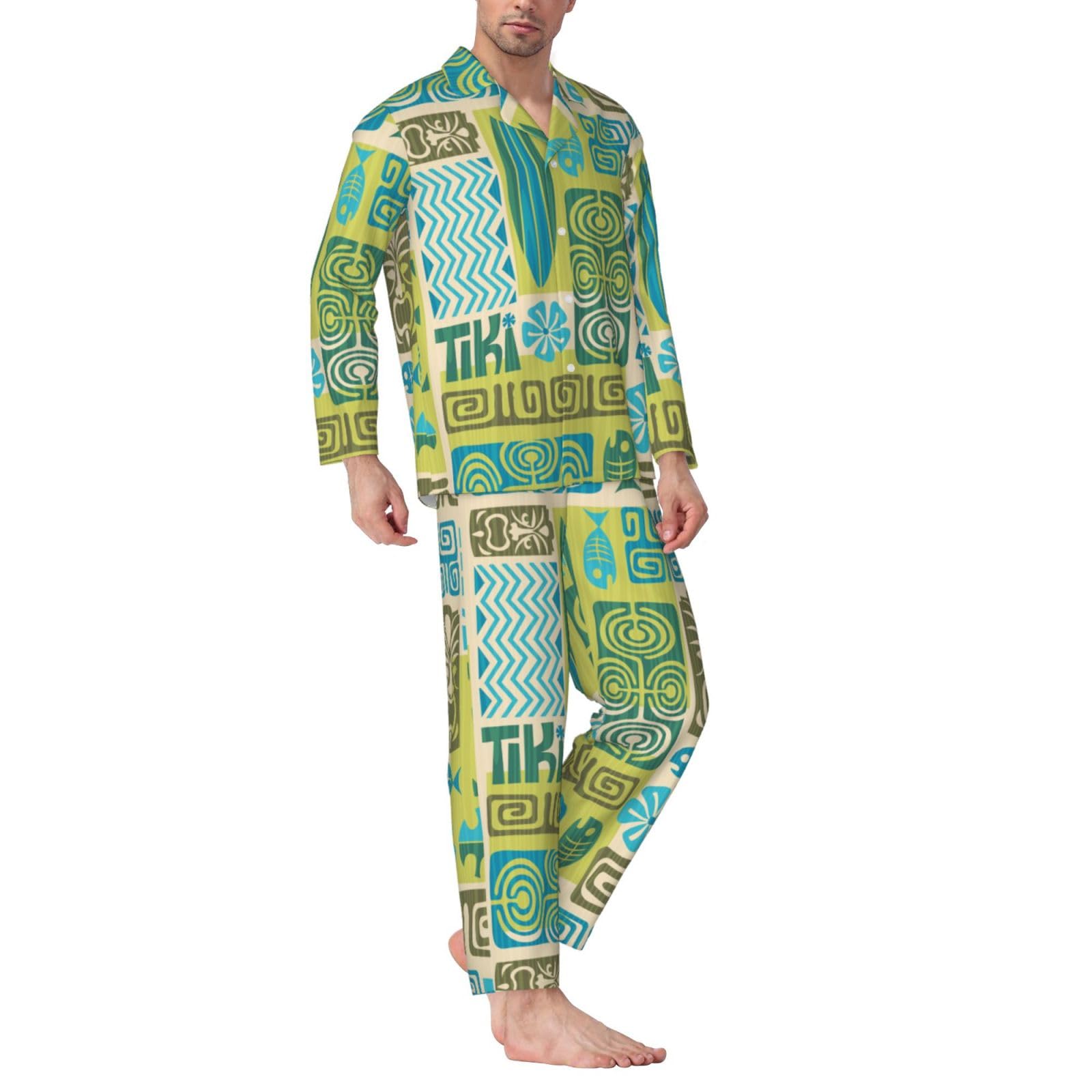 Herren-Pyjama-Set mit exotischem Tiki-Muster 1, weicher langärmeliger Schlafanzug für leichte Knöpfe