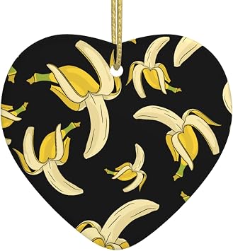 Yellow Banana Fruit Funny Black Pattern Christmas Ceramic Heart Pendant. Fashion Pendant