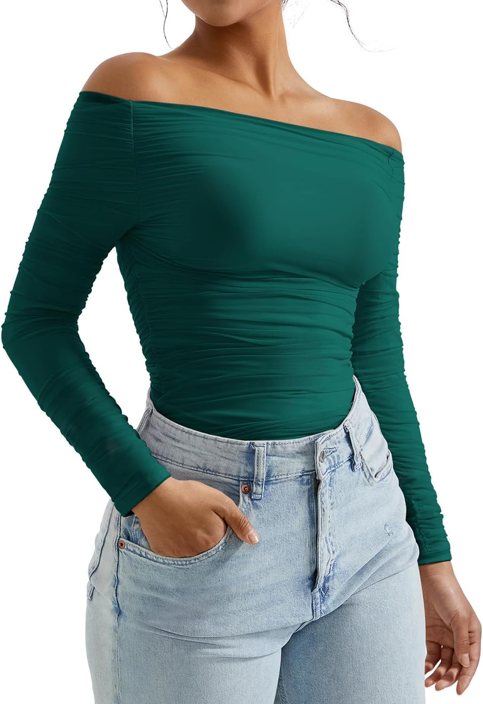 OMKAGI Women Long Sleeve Tops Boat Neck Off Shoulder Shirts Fitted Going Out Y2K Crop Top