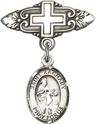 Sterling Silver Baby Badge with St. Zachary Charm and Badge Pin with Cross 1 X 3/4 inches