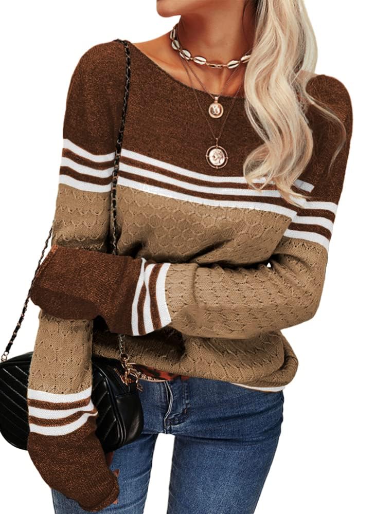 Tankaneo Damen Pullover Colorblock Langarm Rundhals Strickpullover Gestreift Slim Fit Strickwaren Tops