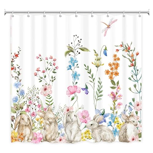 Spring Easter Bunny Shower Curtains For Bathroom Watercolor Floral Cute Rabbit Farmhouse Festival Rustic Boho Bathtubs Waterproof Fabric Curtain Set Decor With 12 Hooks 72X72 Inches #TOP3