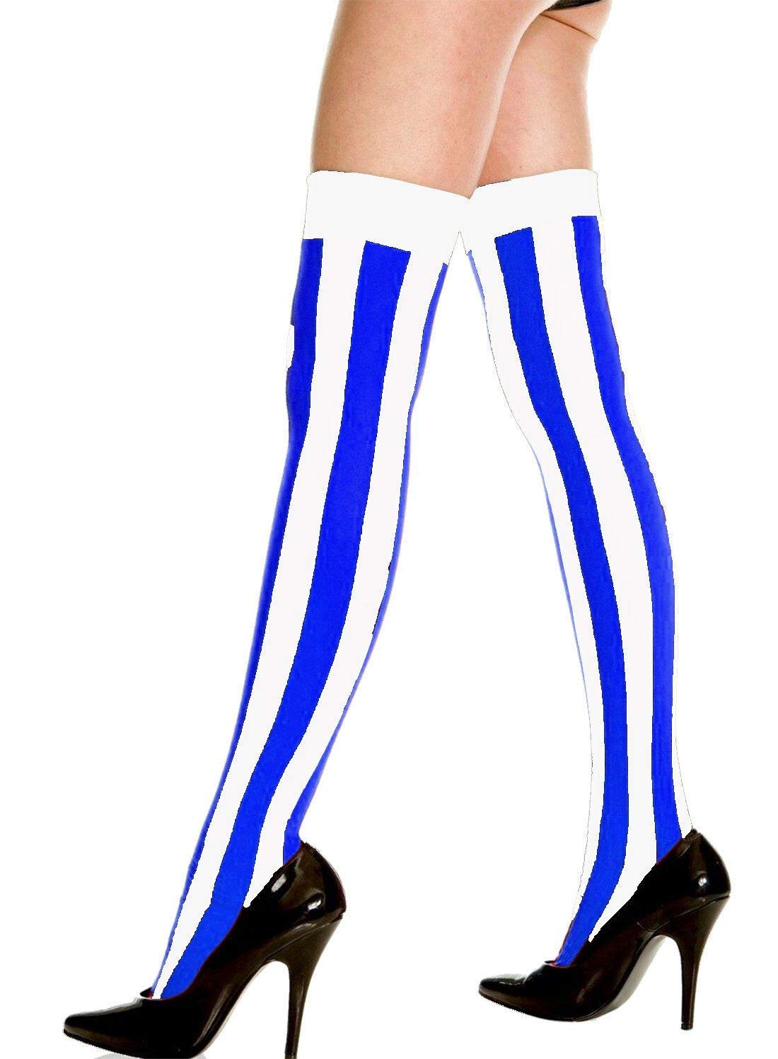 Ladies Stripe Printed Over the Knee High Socks Women Fancy Stretch OTK Socks White/Blue Vertical Stripe