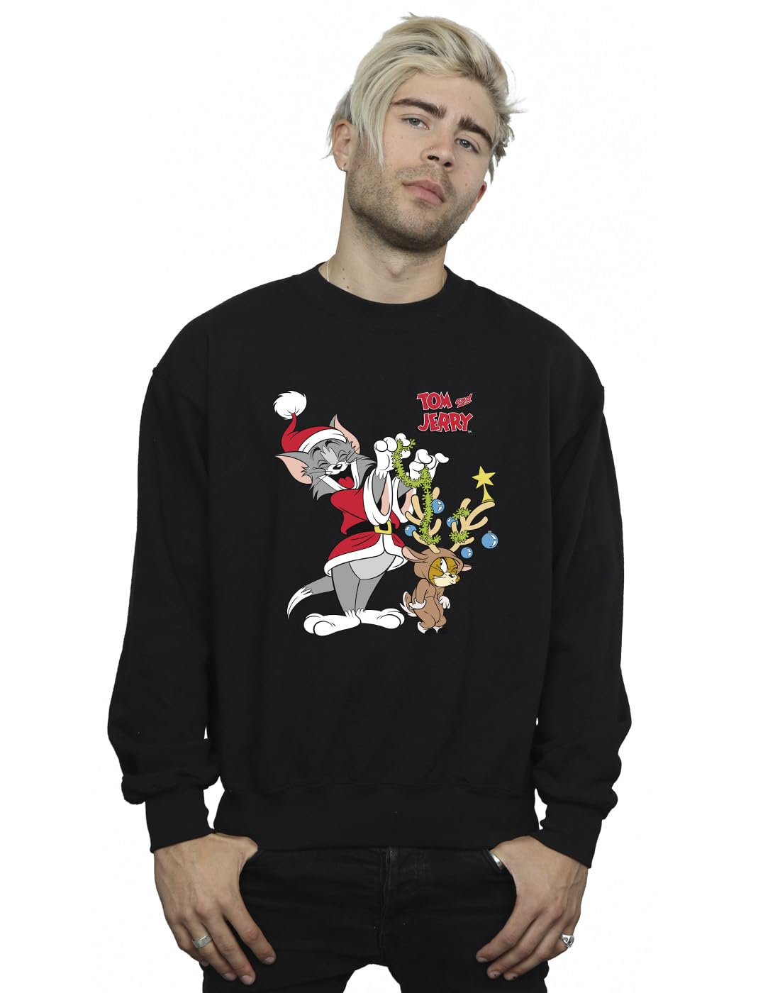 Absolute Cult Men's Black Tom & Jerry Christmas Reindeer Sweatshirt Medium