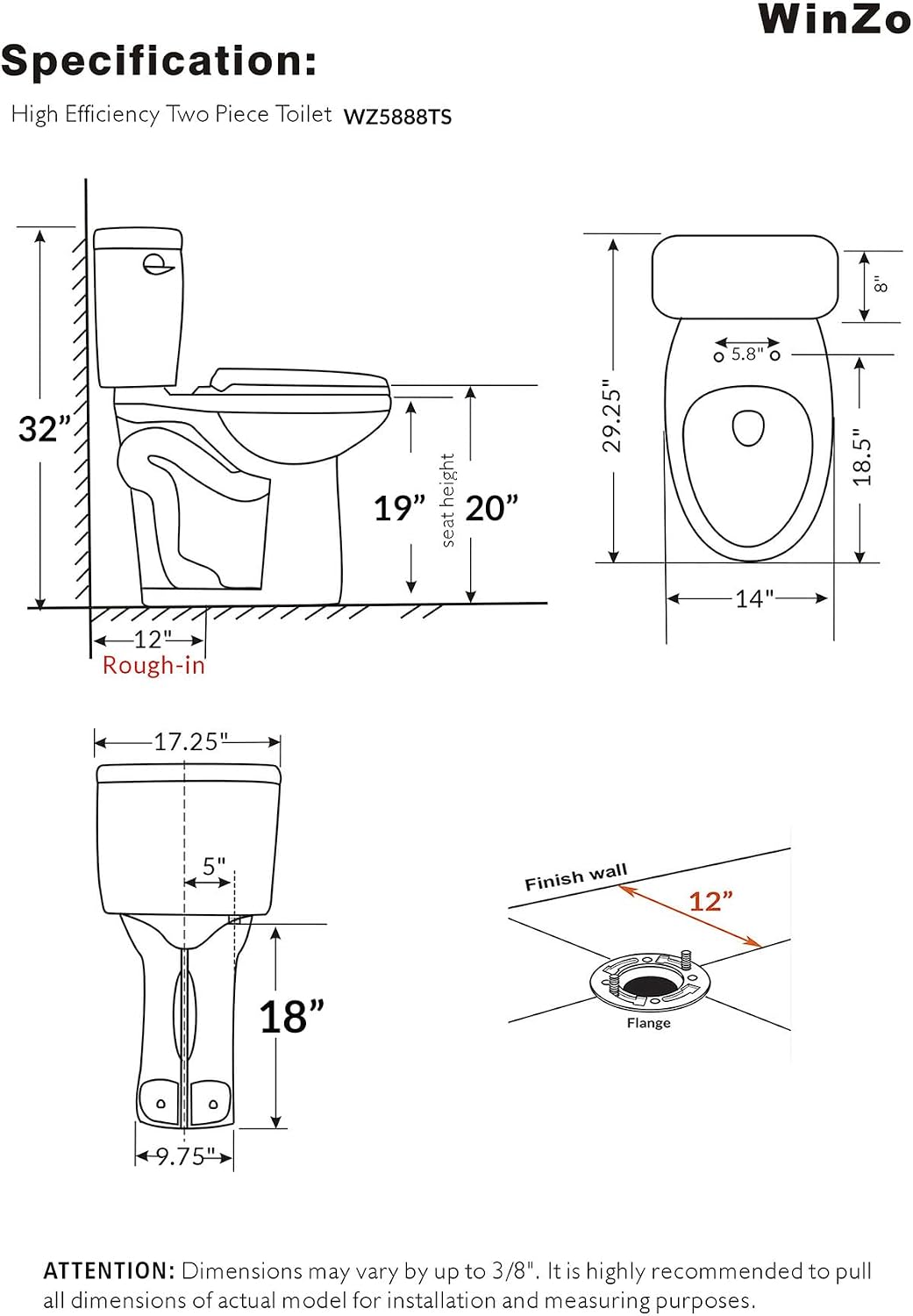 WinZo WZ5888TS 19 inches Tall Toilet Two Piece with Left Flush 1.28 GPF 20 inch Comfort Convenient Chair Seat Height For Seniors Tall Person,White