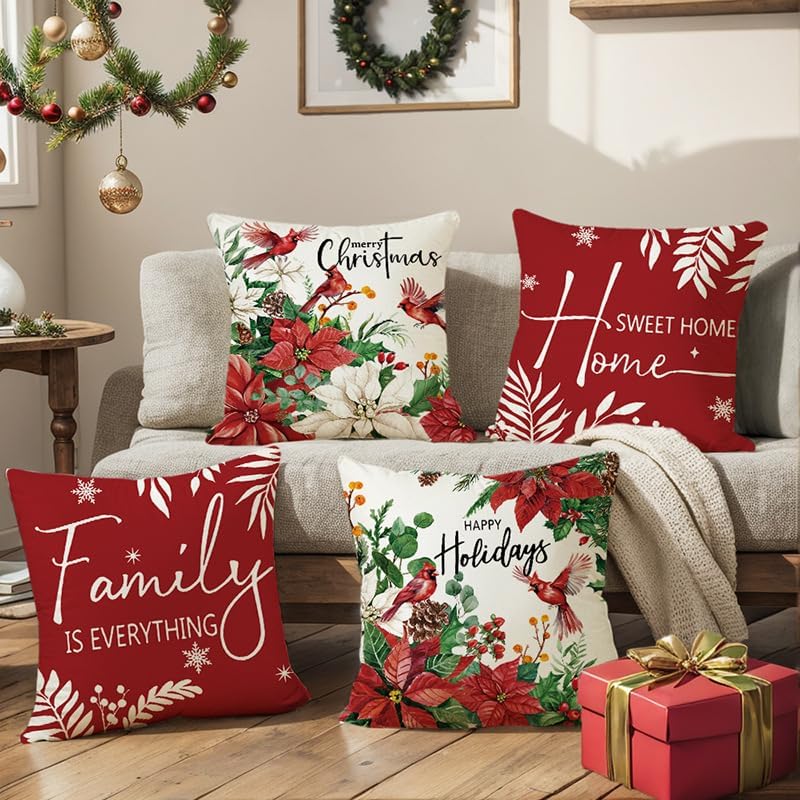 Miniatura 2 de Juego de 4 fundas de almohada con diseño de bayas cardenales, color rojo con texto en inglés "Merry Christmas", "Family is Everything", para sofá,