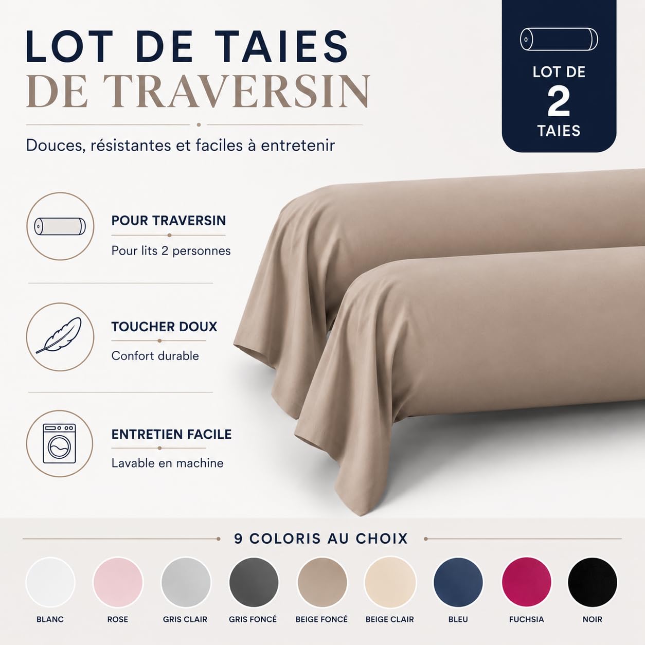 Taies de traversin 85x185 cm 100% Coton, Lot de 2, Beige foncé, Douces, résistantes et Respirantes, Home Linge Passion