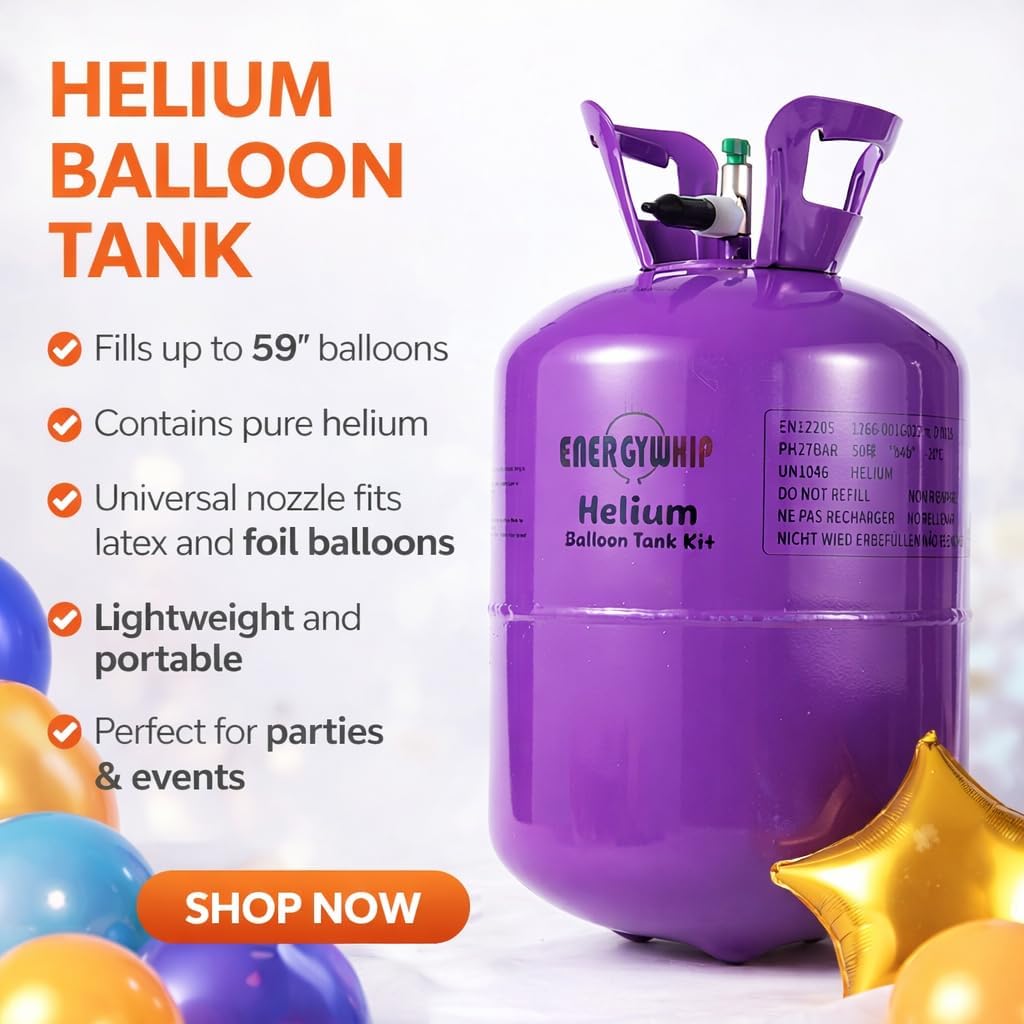 Helium Tank, 7 cu.ft - Fills up to 30 Balloons, Unisex, Occasion Type: Birthday, Bachelorette Party, Christmas, Wedding