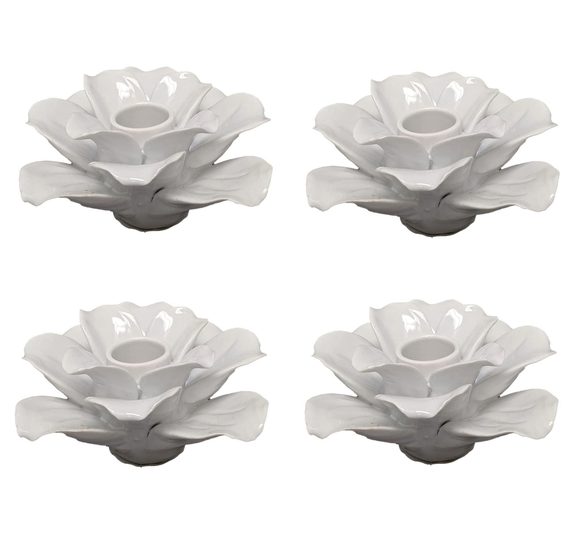 White Ceramic Candle Holder 12 Petal Flower Shape Taper Candle Wedding Table Decoration Dining Table Set of 4
