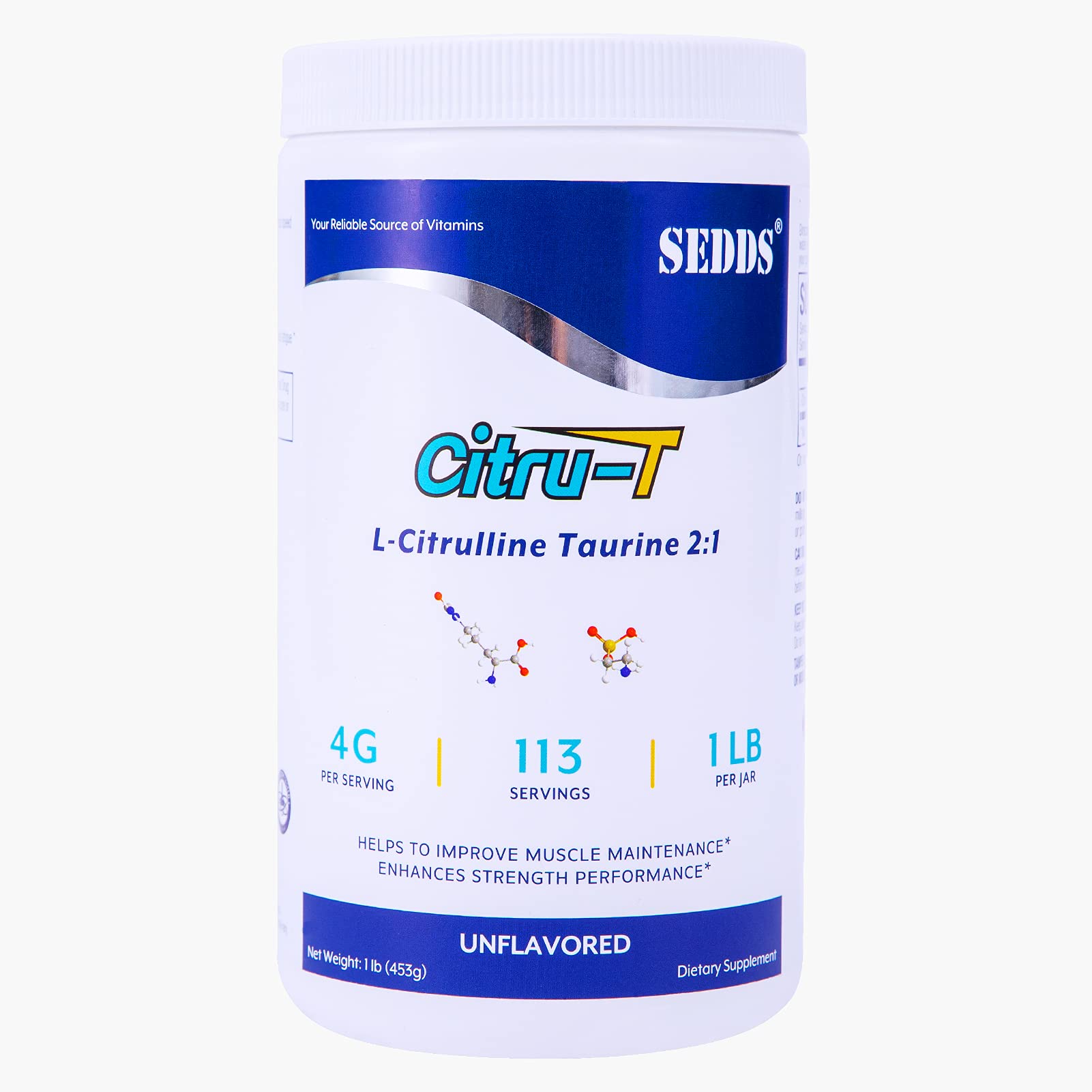 SEDDS L-Citrulline Taurine 2:1 - Citrulline Powder Unflavored Pre Workout, 1 lb, (113 Servings)