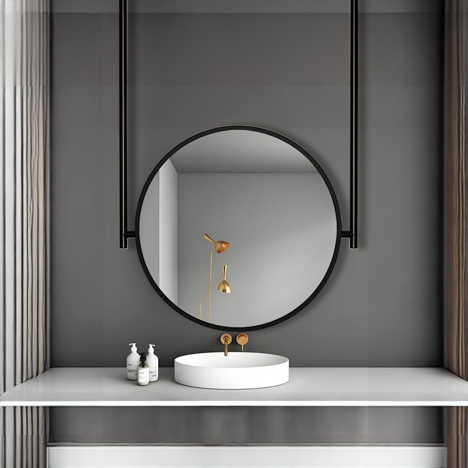 FGXHHS Circle Vertical Ceiling Mounted Mirror, Round Metal Frame Hanging Vanity Make-up Mirror with Customizable Boom, Home and Hotel Bathroom HD Mirror(Diameter-40CM/15.7INCH)