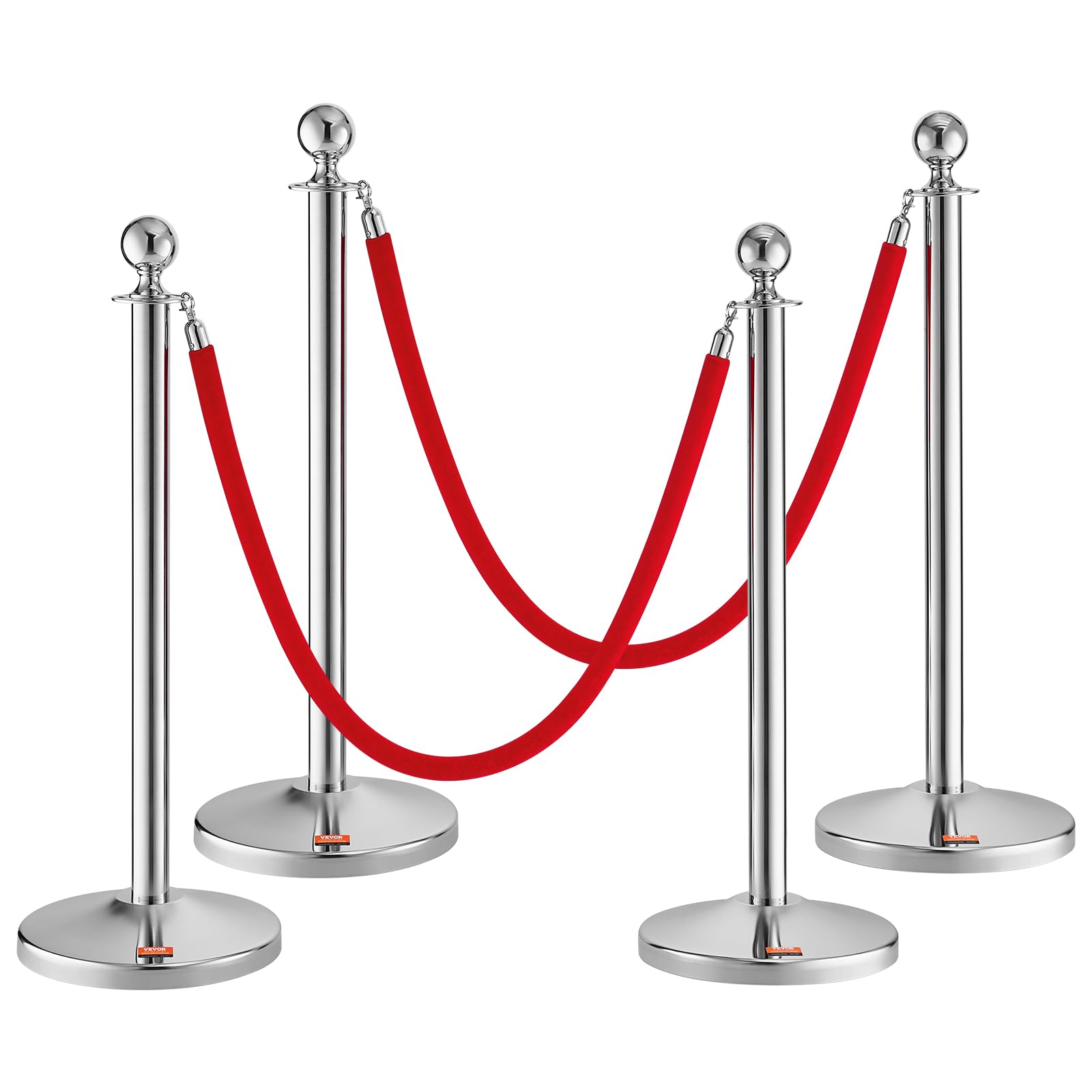 VEVOR Barrière de Balisage 4PCs 99 cm avec Cordes Velours 1,5 m pour Contrôle de Foules Argenté