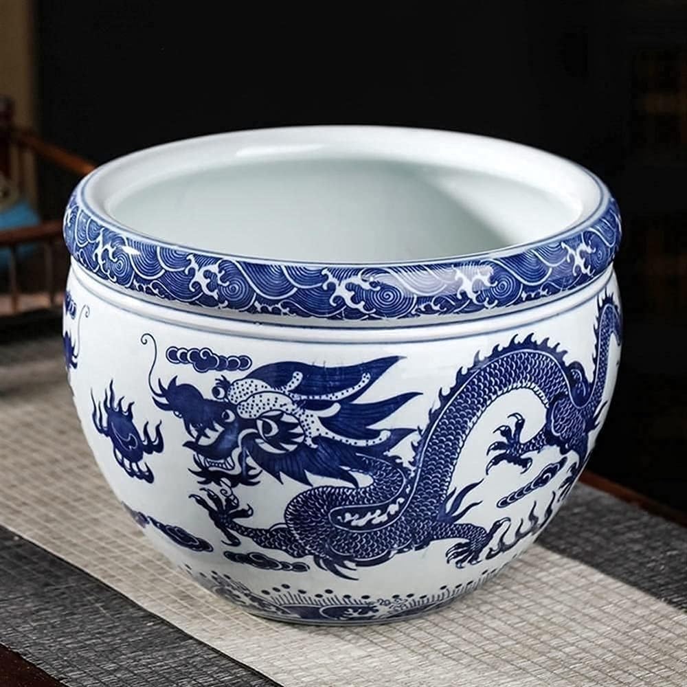 Blue and White Porcelain Chinese Style Double Dragon Fire Pearl Fish Bowl Planter Pot - Oriental Asian Plant Pot for Home Office Windowsill Decor