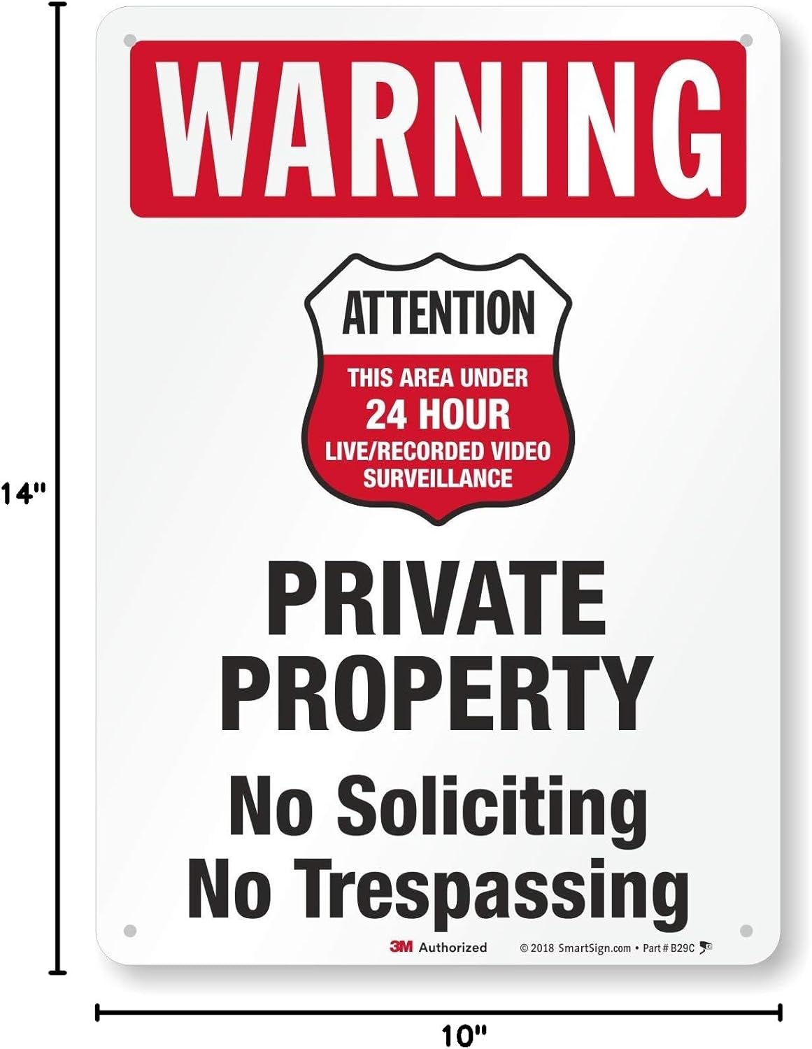 SmartSign 14" x 10" 'Warning Private Property, No Soliciting, No Trespassing' Metal Sign with Shield Symbol, 40 mil Aluminum 3M Laminated Engineer Grade Reflective, Red/Black/White, USA-Made