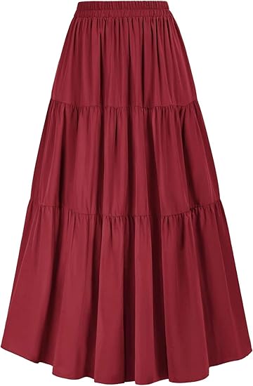 Faux Crepe Ruffle Maxi Skirt, Adjustable Waist, Tiered Hem