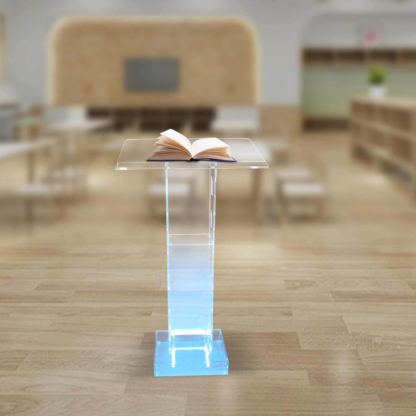 Podium - Leggio da scrivania in piedi, con luce LED blu, per scuole, chiese, messaggi, matrimoni, discorsi, podio