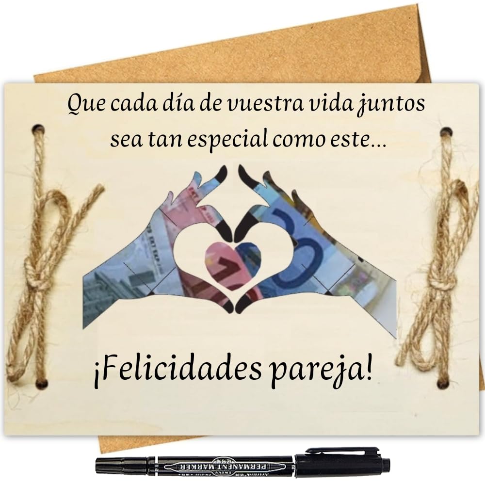 Megaser® Regalo Boda para Novios, Tarjeta Felicitación Boda en Español, Sobre Dinero Boda, Regalo para Novios Originales, Bolígrafo Incluido + Tarjeta Madera Regalar Dinero Boda y Sobre (Manos)