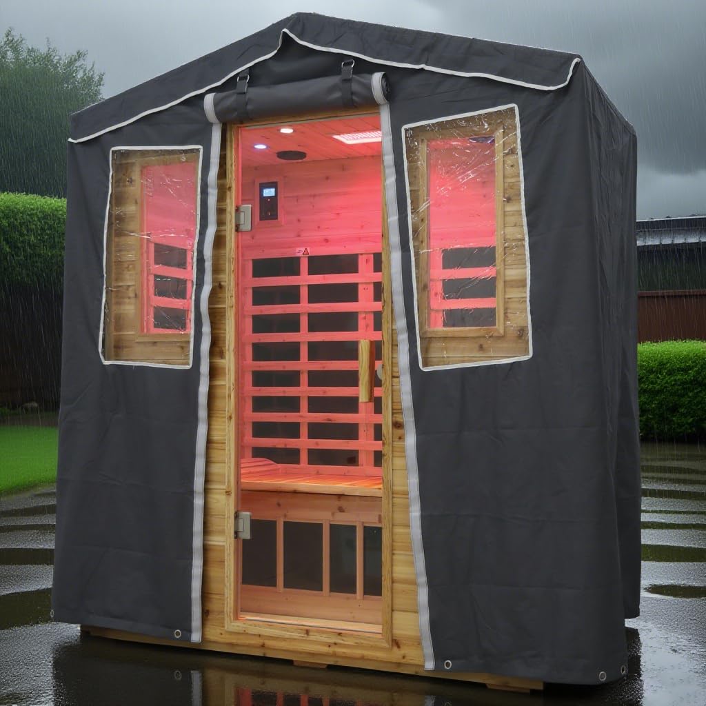 3-Person Outdoor Sauna Protective Cover, Waterproof 3-Layer Oxford Cloth Cover | Hook &amp; Loop Roll-Up Door, Heat &amp; Dust Protection, Compatible with Hillside Roof Sauna Max 81.1*45*83.5 Inch