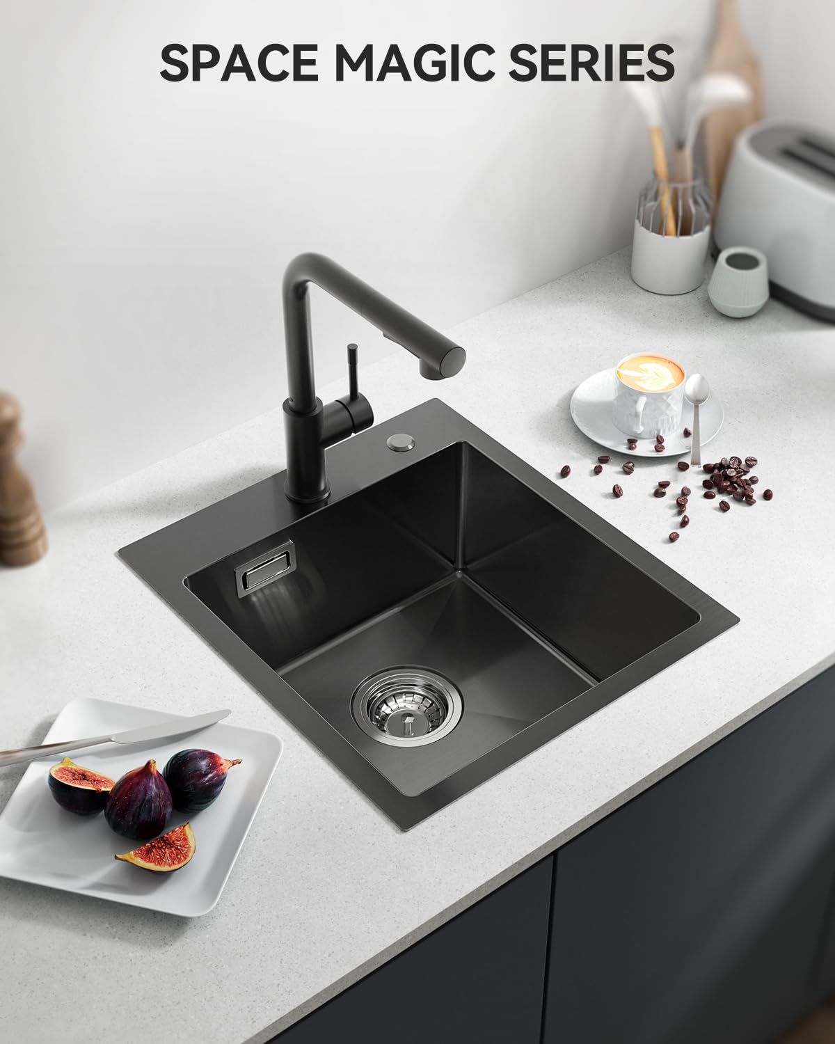 Lavello da cucina nero antracite 40 x 45 cm, con sifone, lavello da cucina in acciaio inox rettangolare per sottolavelli a partire da 40 cm di larghezza, lavandino da incasso, piccolo lavello
