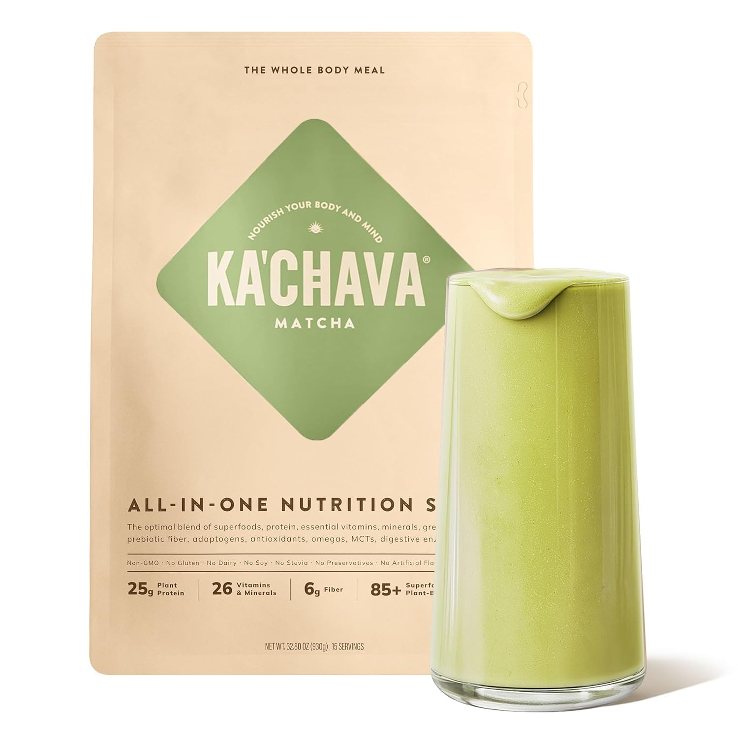 Ka'Chava All-In-One Nutrition Shake Blend, 85+ Superfoods & Nutrients, Meal Replacement, Greens Plant-Based Superfood Powder Protein Drink, Digestive Enzymes & Probiotics, Vegan Dairy Gluten Free, 2lb
