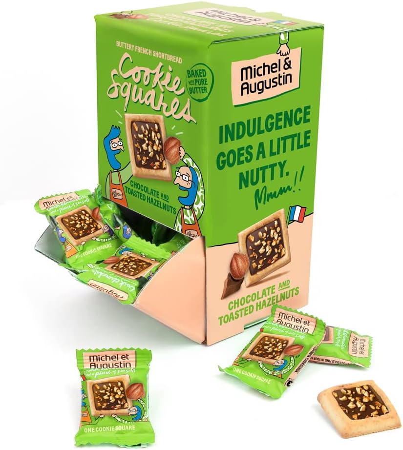 Michel Et Augustin Individually Wrapped Chocolate and Toasted Hazelnuts Shortbread Cookies | French European Butter Gourmet Cookies | Gravity Box - Cookie Squares Changemaker Box | 40 count Kosher
