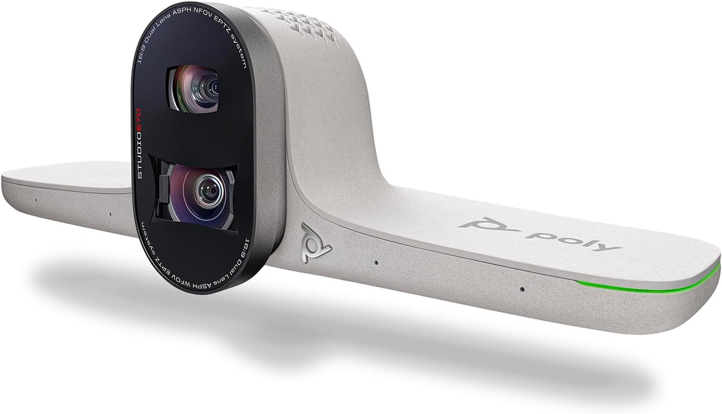 Angled view of the Poly Studio E70 Intelligent Camera, highlighting its modern aesthetic and integrated design.